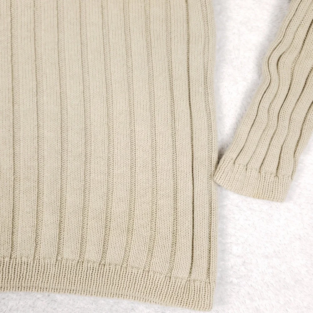 VTG Structure Sweater Mens Small Tan Beige V-Neck Ribbed Knit Ramie Cotton 90s